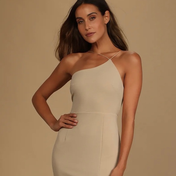 Happiest Hour Beige Asymmetrical Bodycon Midi Dress - Picture 2 of 6